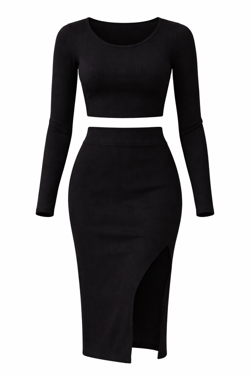 Ariana | Elegant Geribbelde Twee-Piece Set met Midi-Rok 0