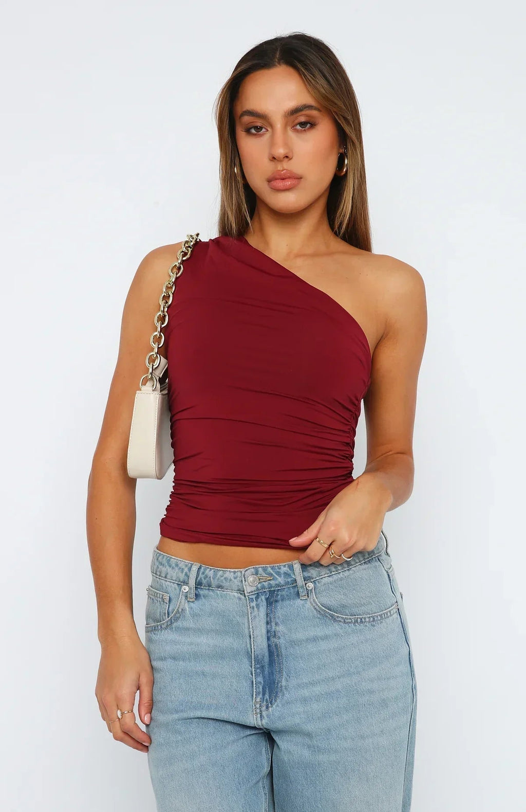 Bordeauxrode One-Shoulder Top | Dames Top 0