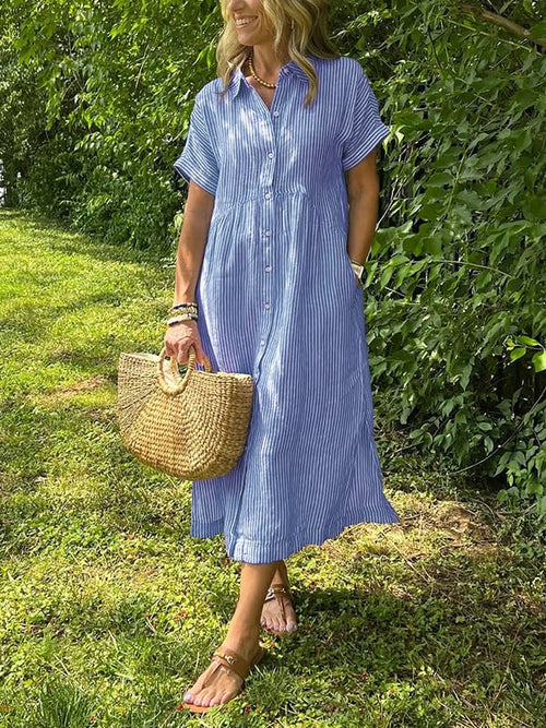Celine | Midi Jurk Korte Mouw Gestreept 0