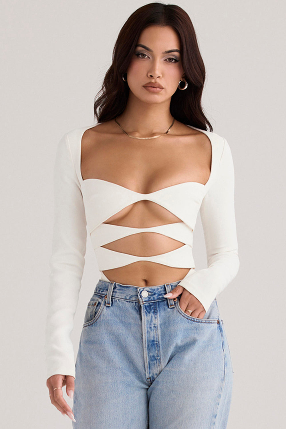 Chic Witte Uitsnijding Crop Top | Lange Mouwen voor Vrouwen 0