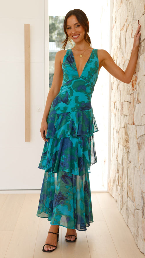 Eileen | Lange Zomerjurk Dames in Turquoise Chiffon 1