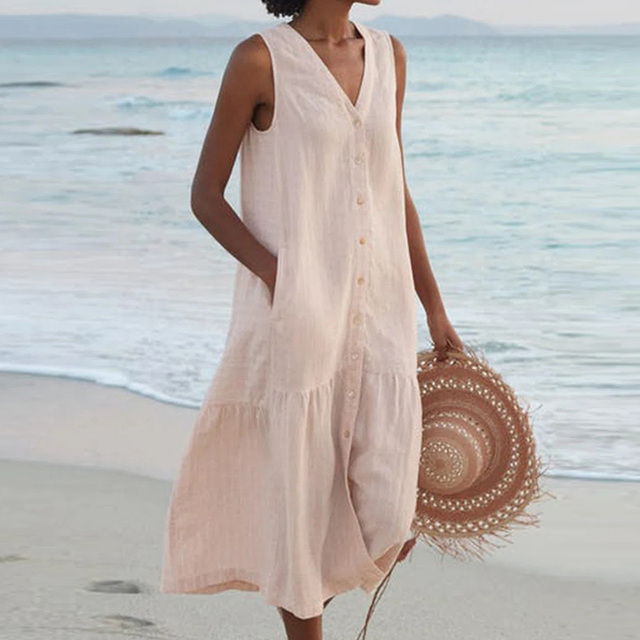 Elegante Zomerjurk Dames Met Knoopsluiting | Zomerjurk Knielengte 0