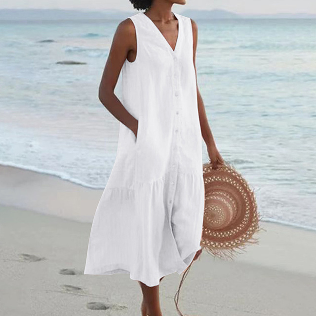 Elegante Zomerjurk Dames Met Knoopsluiting | Zomerjurk Knielengte 2