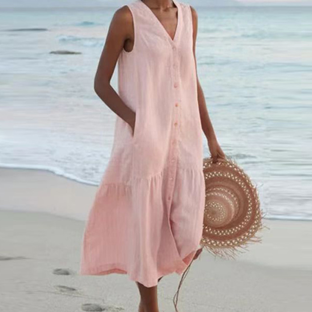 Elegante Zomerjurk Dames Met Knoopsluiting | Zomerjurk Knielengte 3