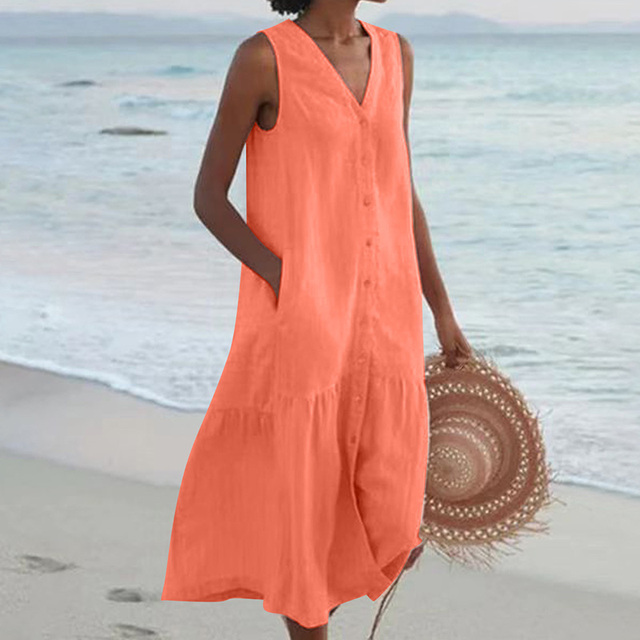 Elegante Zomerjurk Dames Met Knoopsluiting | Zomerjurk Knielengte 4