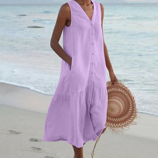 Elegante Zomerjurk Dames Met Knoopsluiting | Zomerjurk Knielengte 6