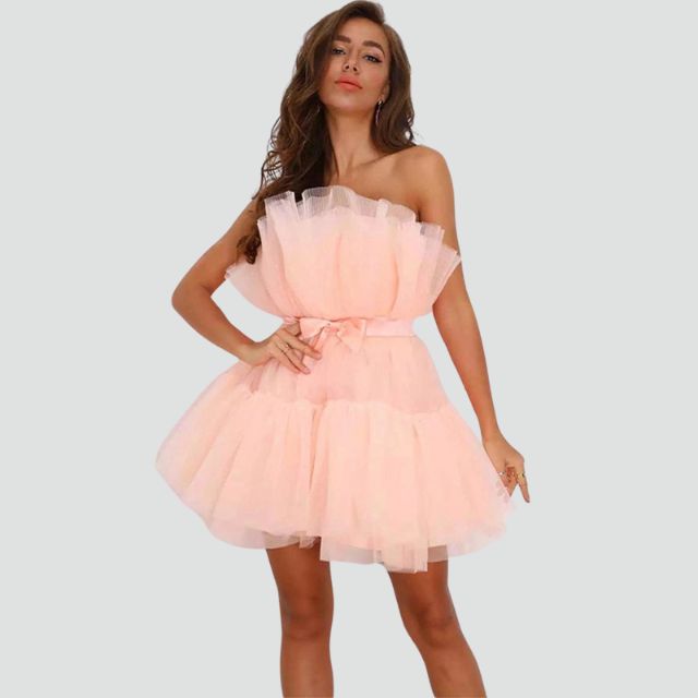 Elysia | Strapless Jurk Gelaagde Tule Roze 7