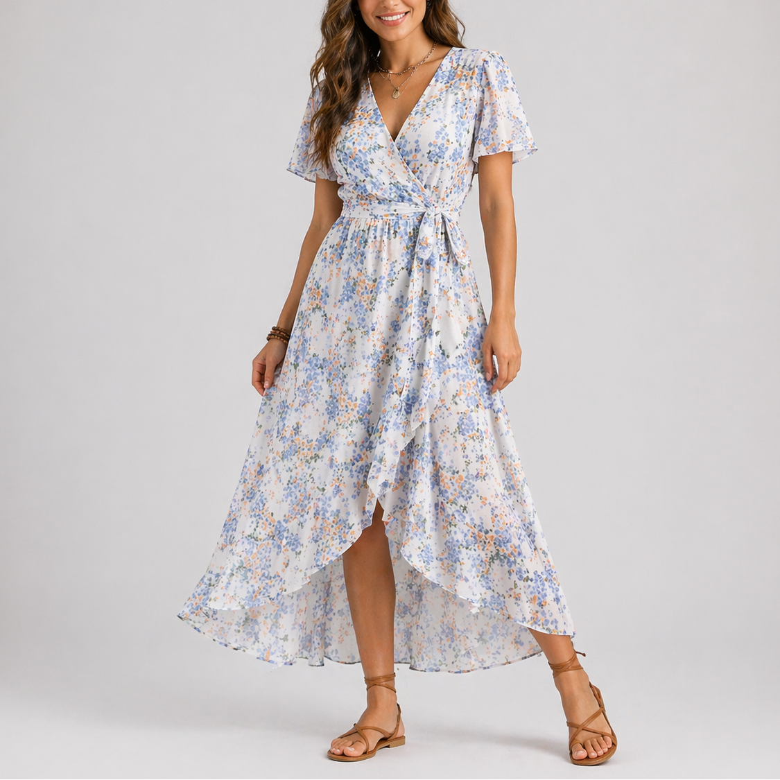 Flora | Midi Jurk Bloemenprint V-hals 0