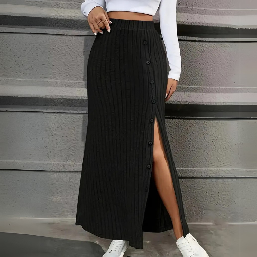 Geribbelde Zwarte Lange Rok Selina | Modieuze Maxi Rok 0