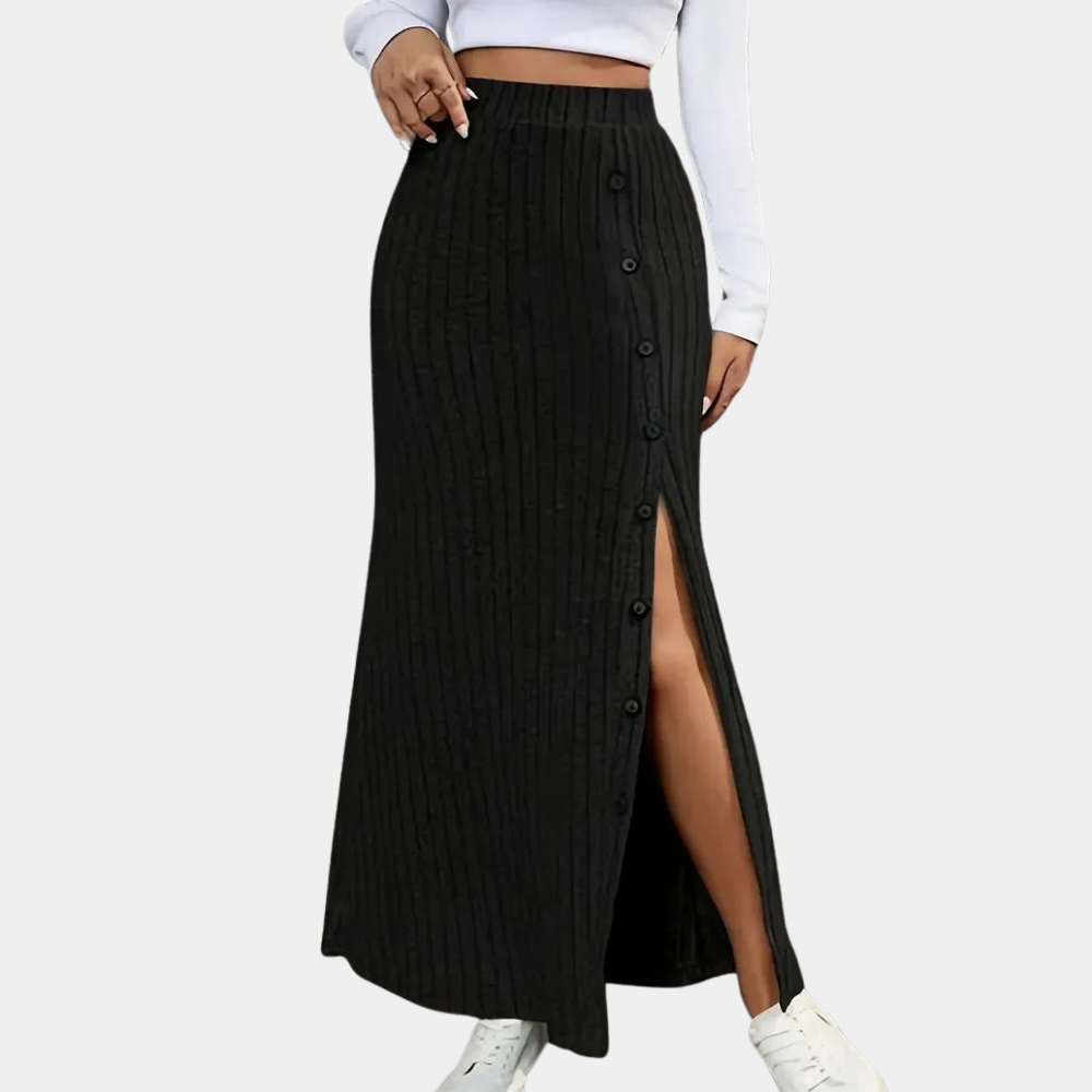 Geribbelde Zwarte Lange Rok Selina | Modieuze Maxi Rok 1