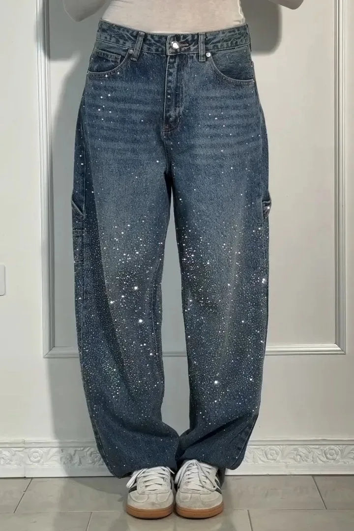 GlamFlare | Dames Wide Leg Jeans met Rhinestones 0