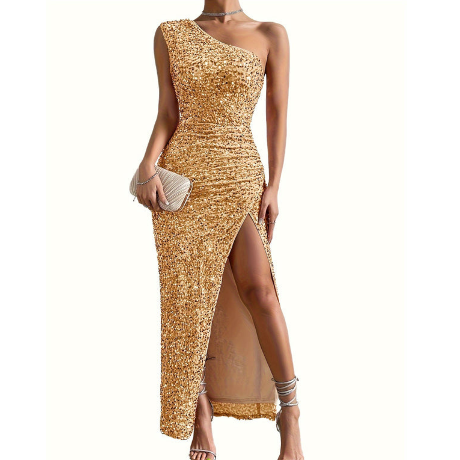 Glans | Glitter Jurk Dames Off-Shoulder Lange Split 6