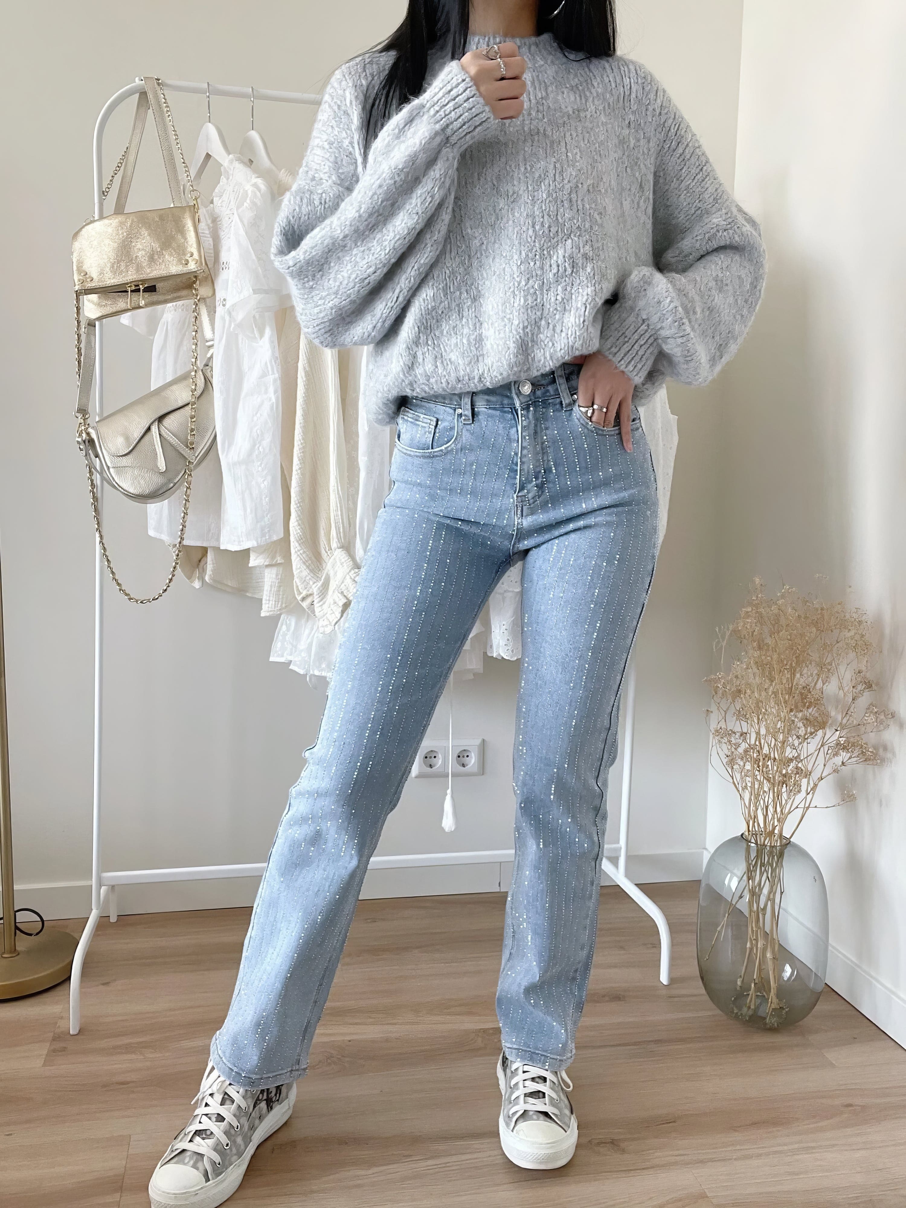 Glitter Spijkerbroek Dames | Regular Fit Zwarte Denim 0