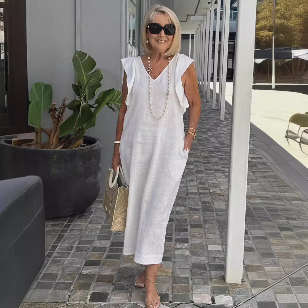 Hallie | Mouwloze Zomerjurk Dames V-Hals Midi Wit 1