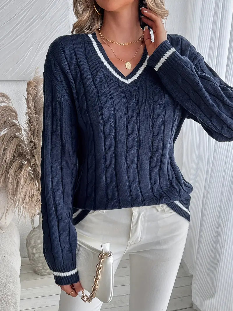 Kabelgebreide V-hals Damestrui Marineblauw | Leuke Dames Truien 3