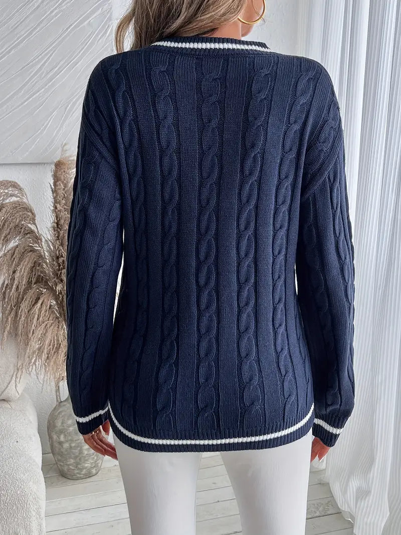 Kabelgebreide V-hals Damestrui Marineblauw | Leuke Dames Truien 4