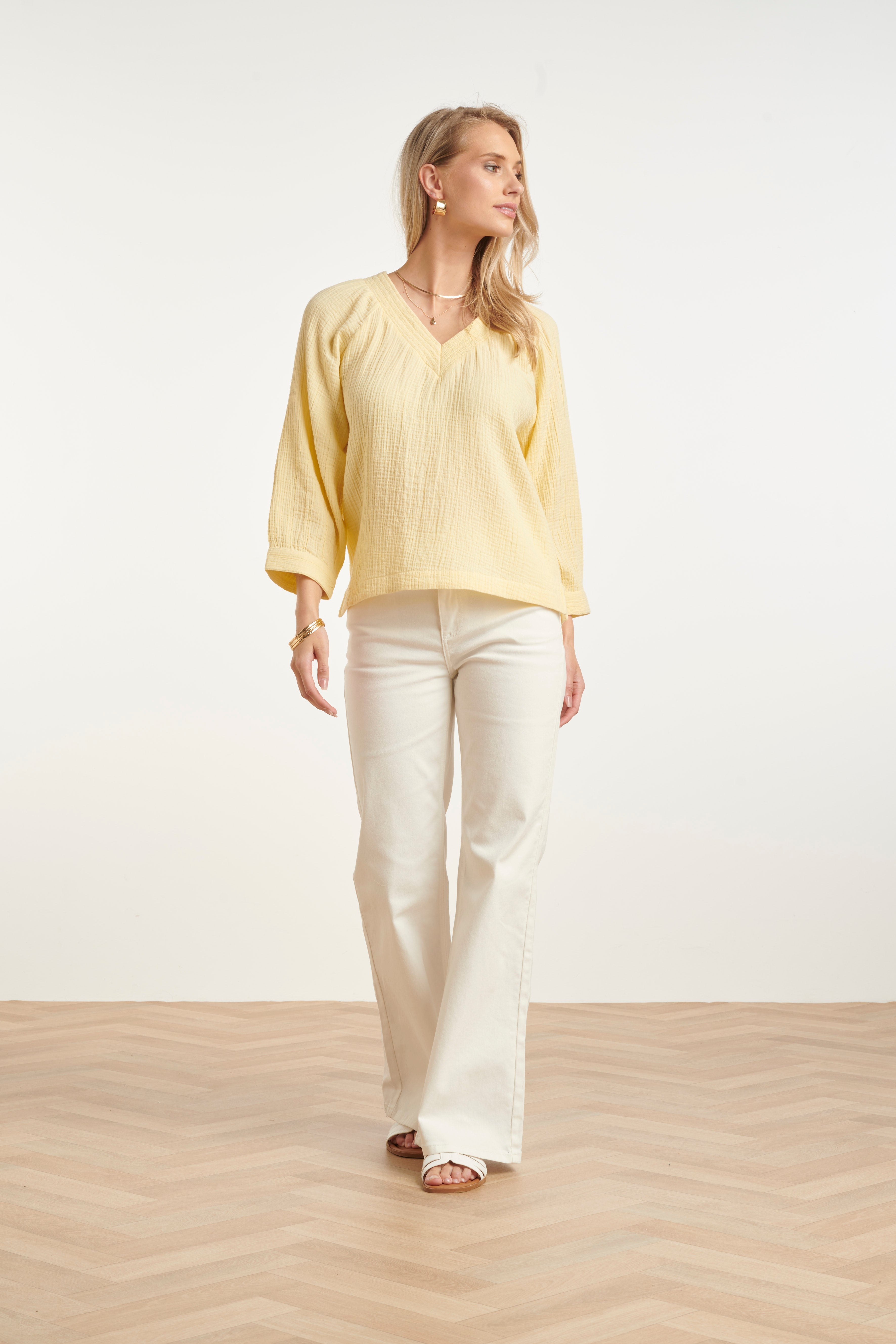 Lichtgele V-Hals Blouse Dames | Mousseline Tops Dames 2