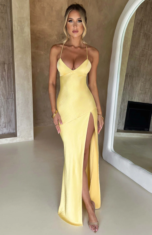 Lilly Maxi Jurk Geel | Lange Jurk Dames met Split 2