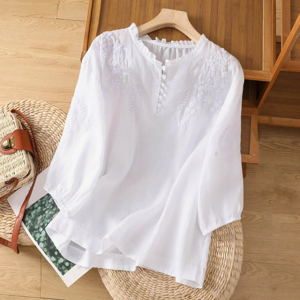 Luna | Dames Blouse Korte Mouw Met Bloemenknopen 0