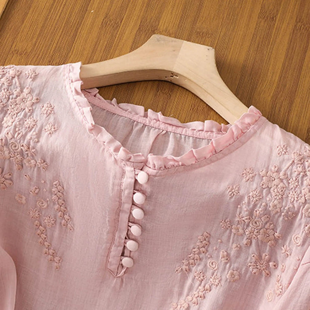 Luna | Dames Blouse Korte Mouw Met Bloemenknopen 3