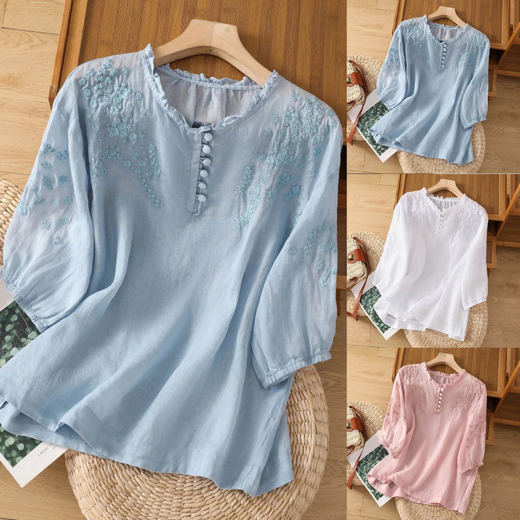 Luna | Dames Blouse Korte Mouw Met Bloemenknopen 4
