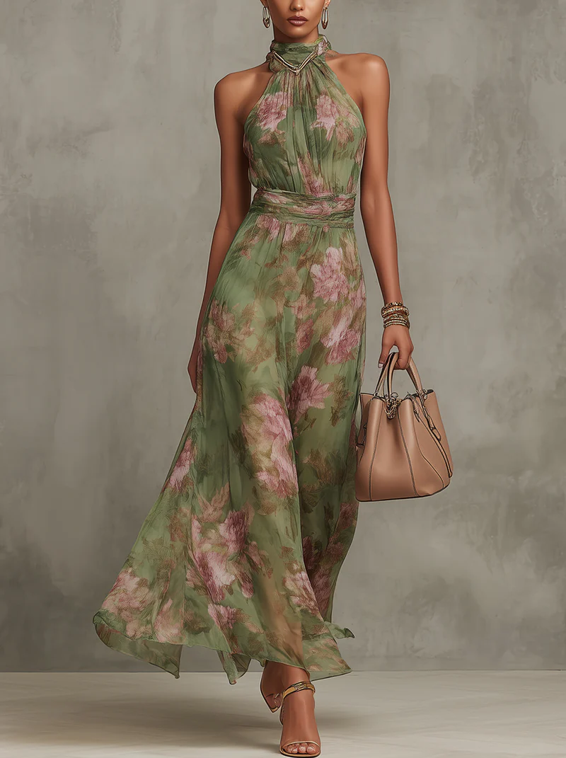 Luna | Lange Jurk Mouwloos Aquarel Bloemenprint Chiffon 0
