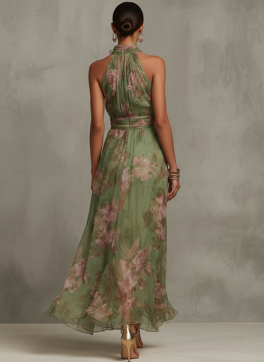 Luna | Lange Jurk Mouwloos Aquarel Bloemenprint Chiffon 1