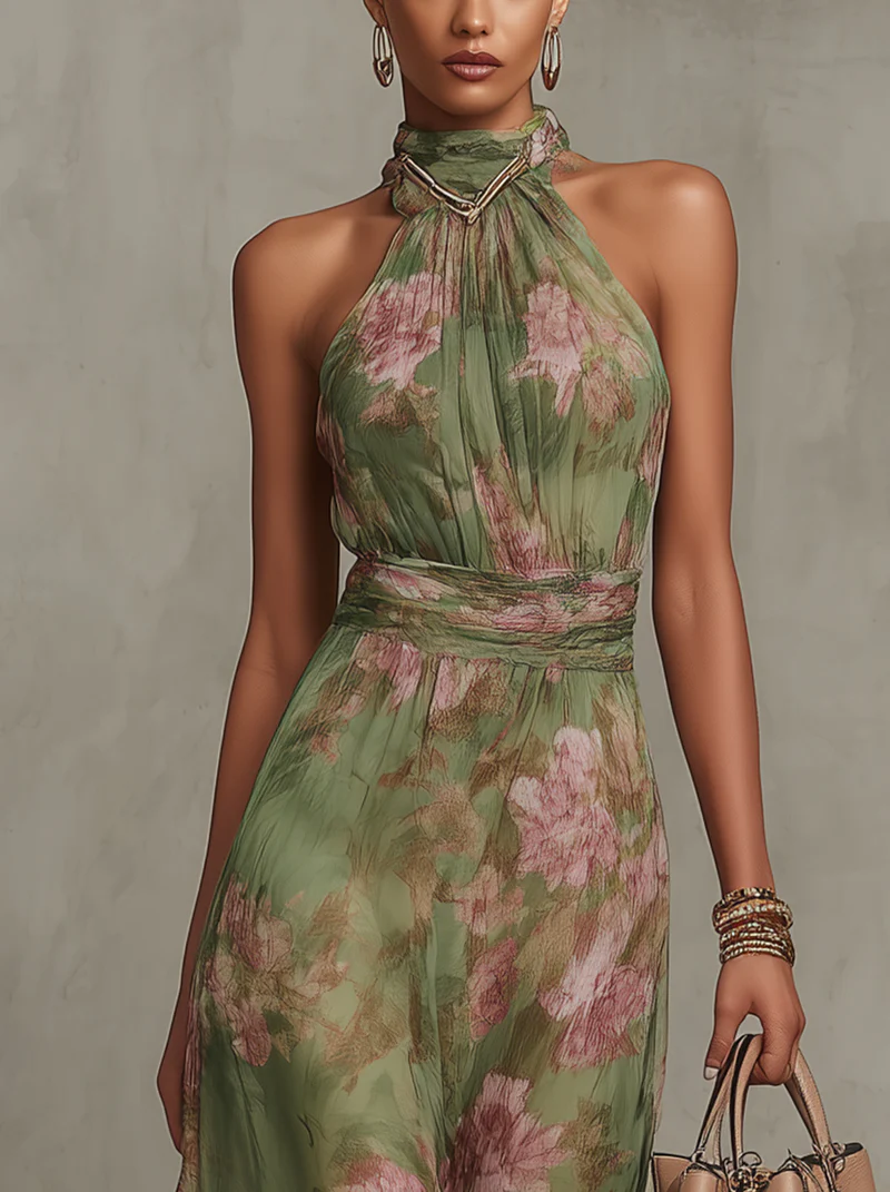 Luna | Lange Jurk Mouwloos Aquarel Bloemenprint Chiffon 2