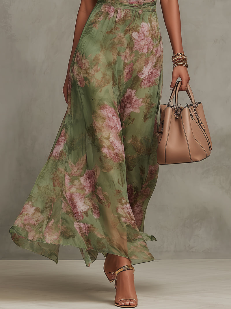 Luna | Lange Jurk Mouwloos Aquarel Bloemenprint Chiffon 3