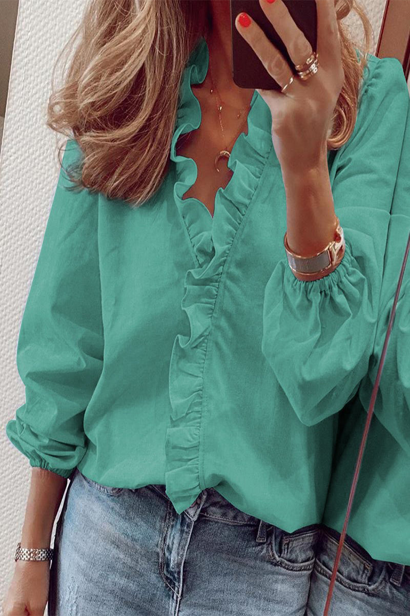 Luna | Zwarte Blouse Dames V-hals Ruches Lange Mouwen 2