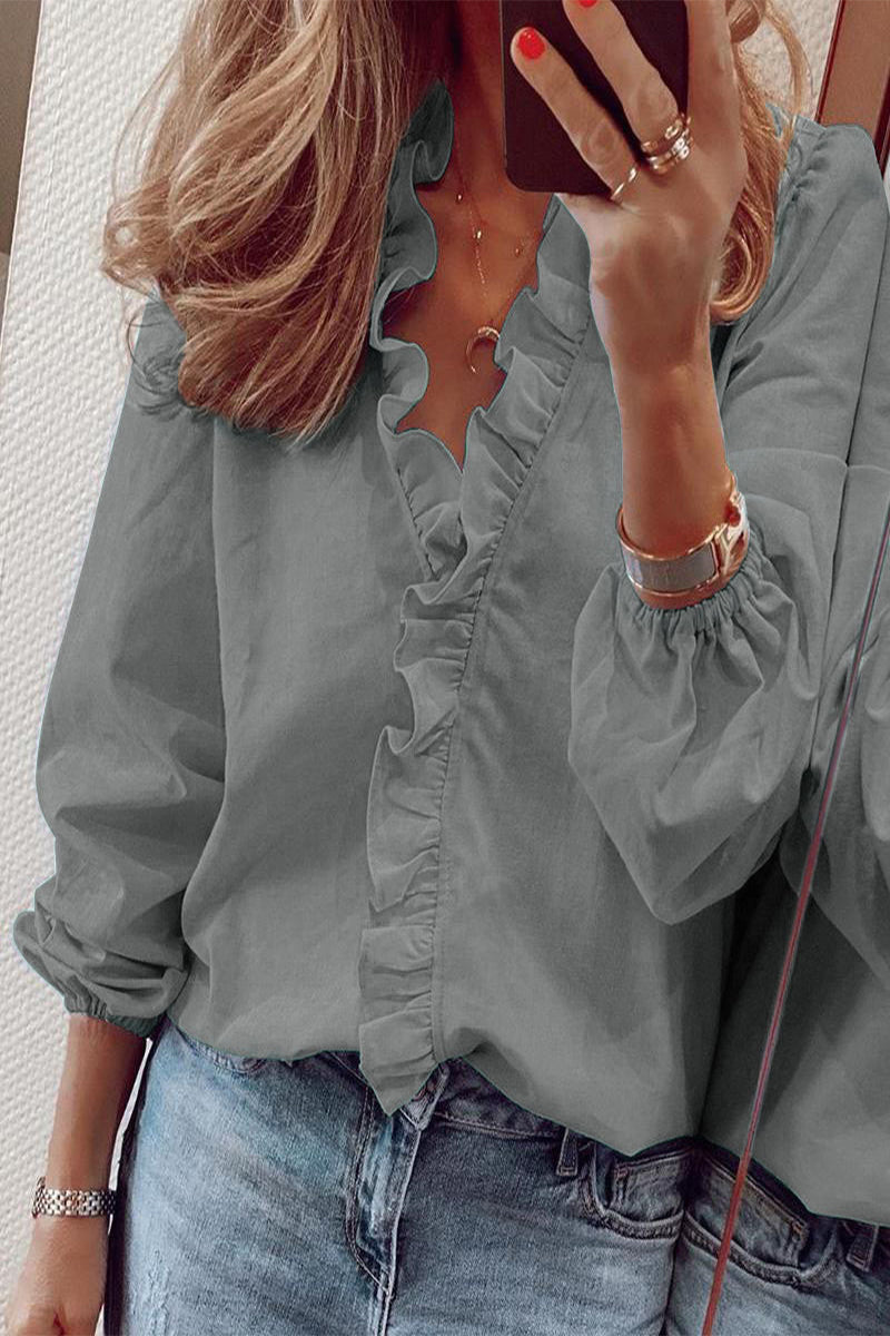 Luna | Zwarte Blouse Dames V-hals Ruches Lange Mouwen 5