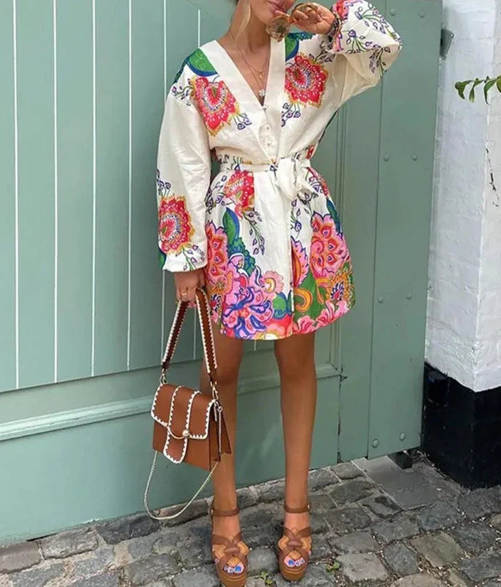 Marijke | Damesjurk Vintage Print V-hals Zomerstijl 0