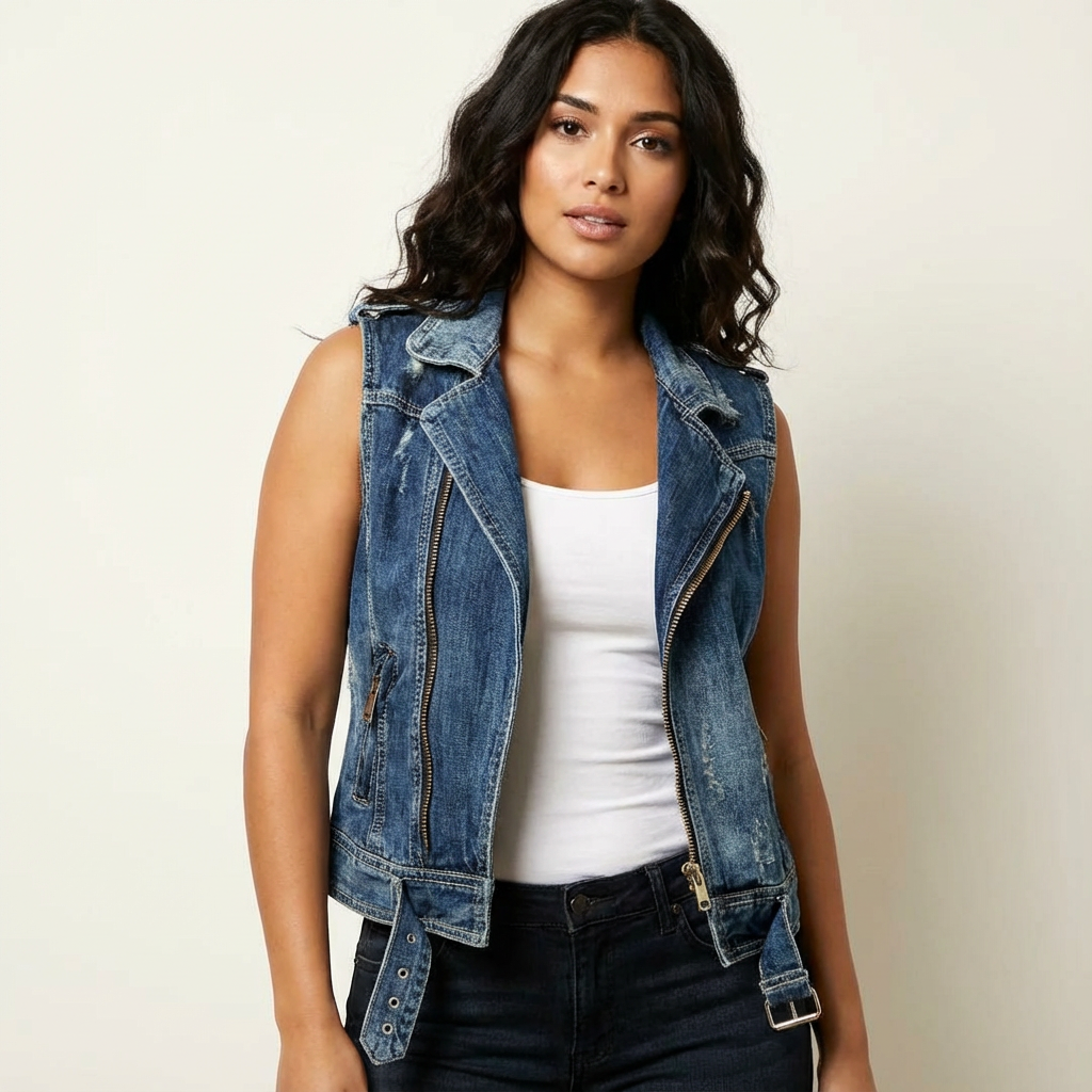 Mila | Mouwloos Denim Vest met Biker Uiterstraling 0
