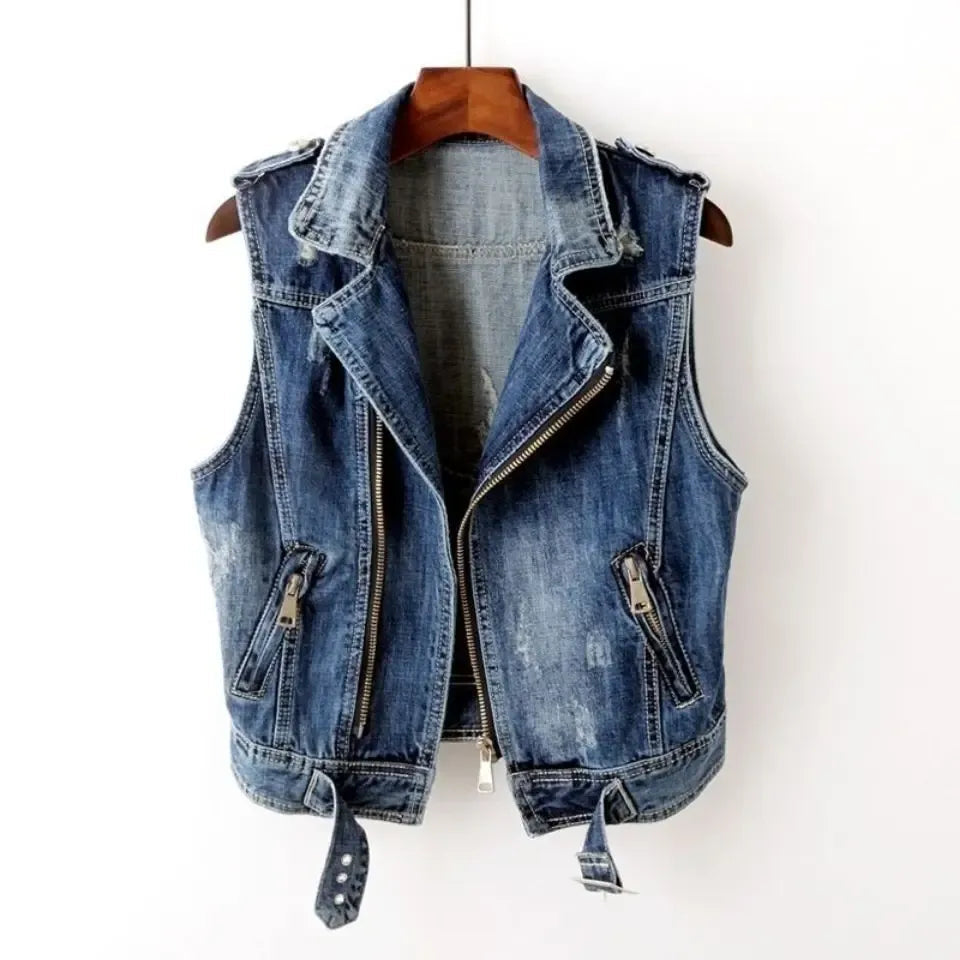 Mila | Mouwloos Denim Vest met Biker Uiterstraling 1