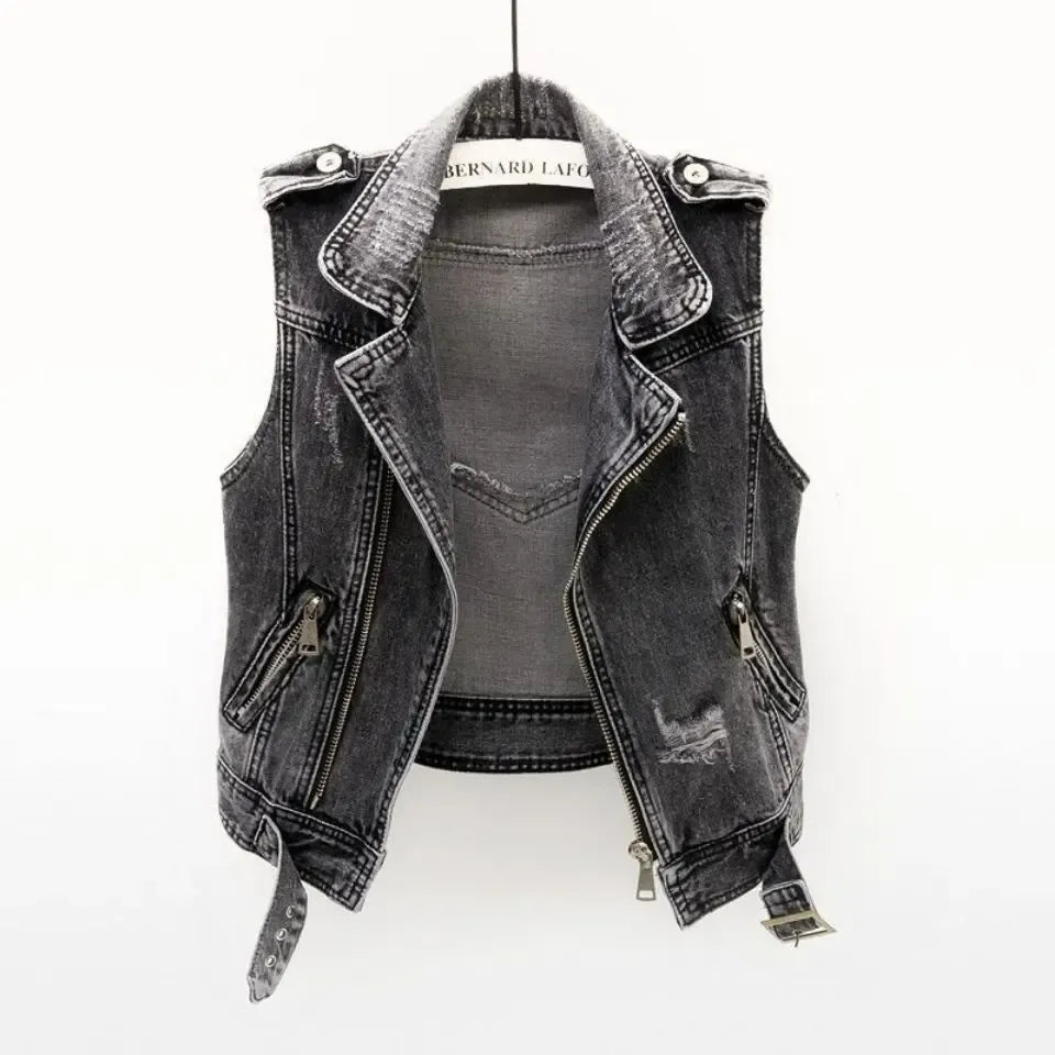 Mila | Mouwloos Denim Vest met Biker Uiterstraling 4