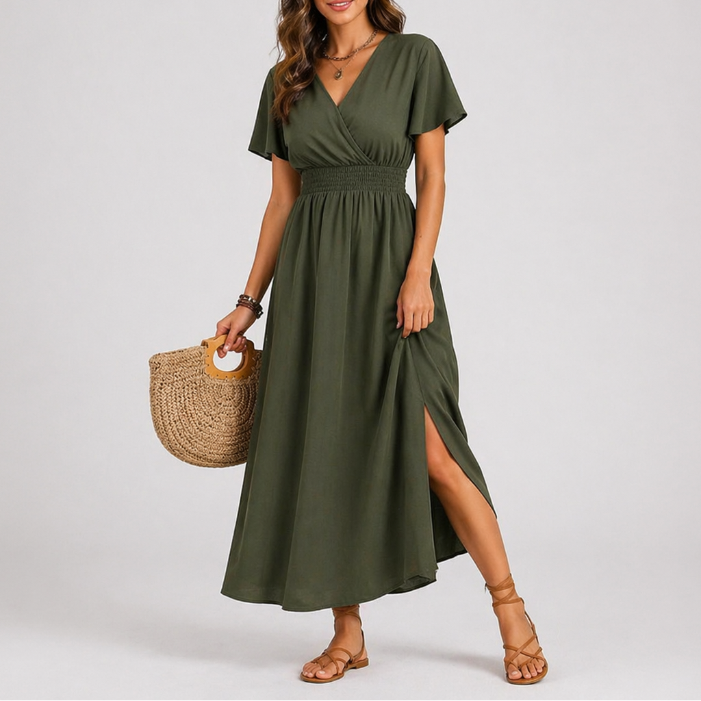 Olive | Maxi Jurk V-hals Korte Mouwen 0
