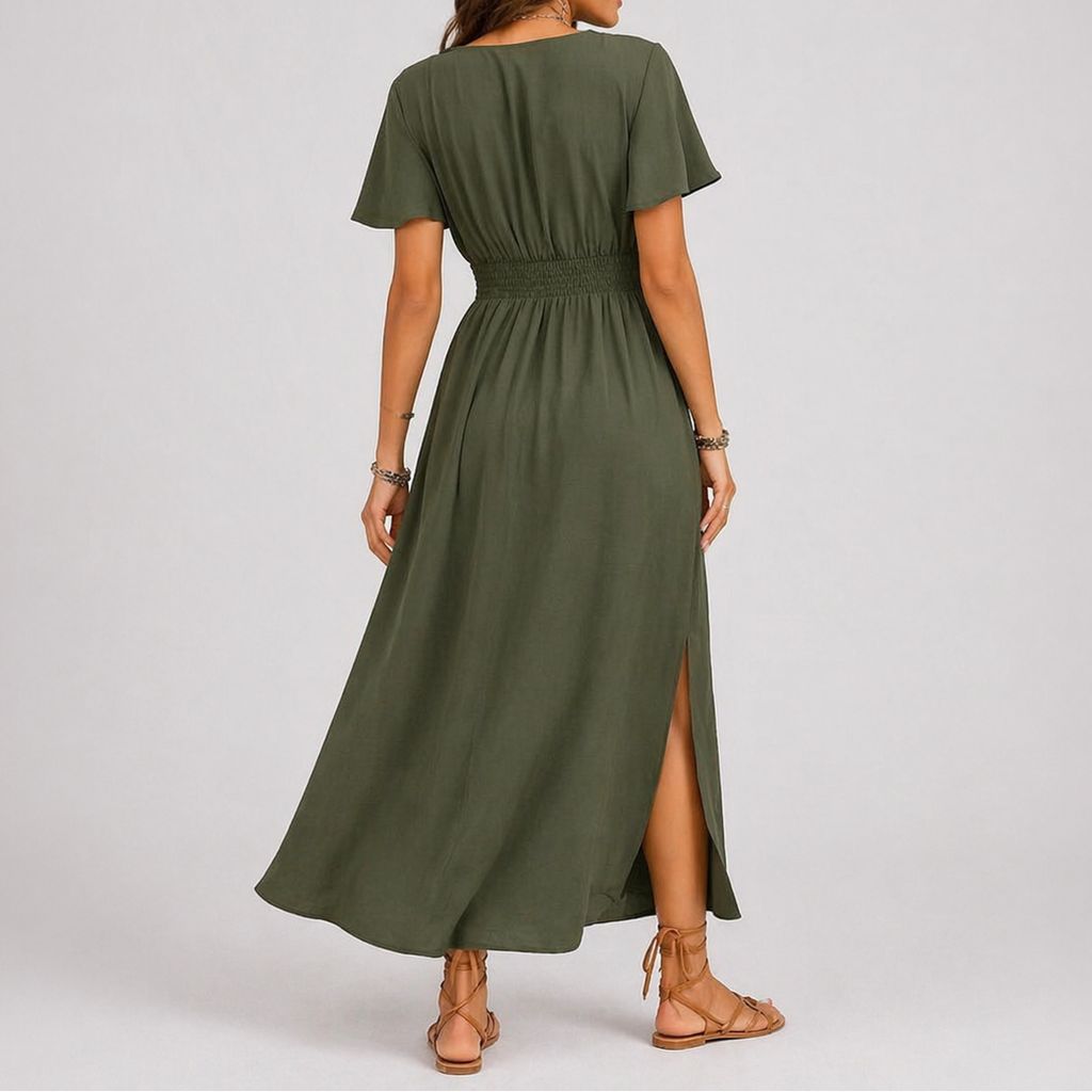 Olive | Maxi Jurk V-hals Korte Mouwen 1