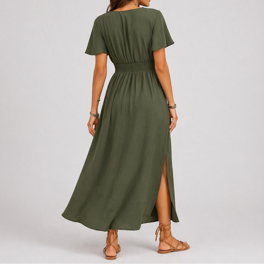 Olive | Maxi Jurk V-hals Korte Mouwen 1