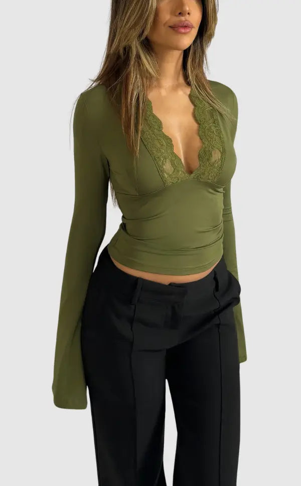 Roxana | Elegant Langarm T-shirt met Kant en V-hals 1