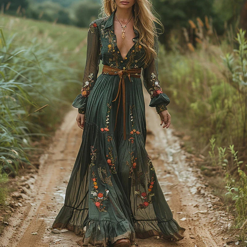 Selvara | Maxi Jurk Bloemenprint Lange Mouw Zomer 0