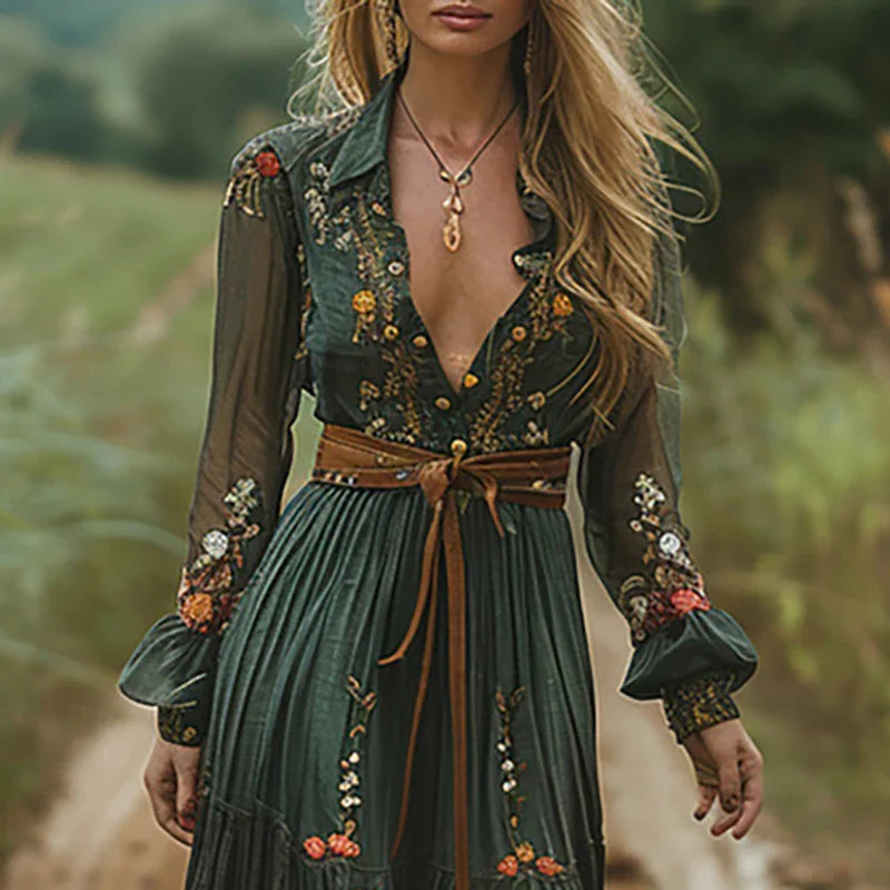 Selvara | Maxi Jurk Bloemenprint Lange Mouw Zomer 1