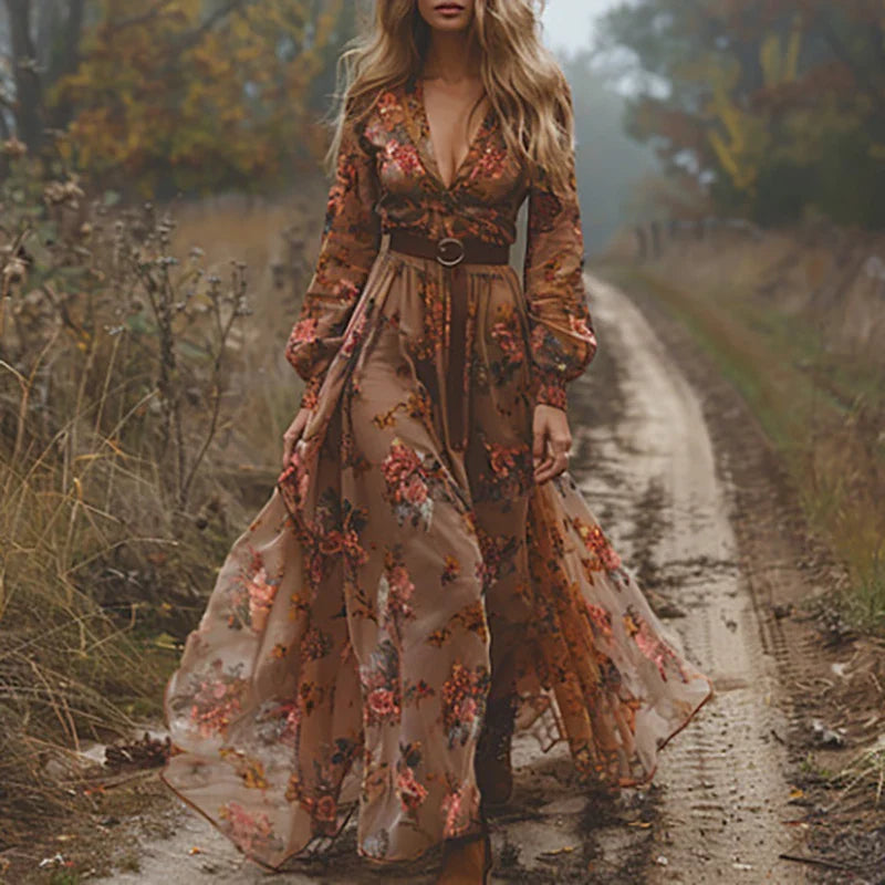Selvara | Maxi Jurk Bloemenprint Lange Mouw Zomer 3