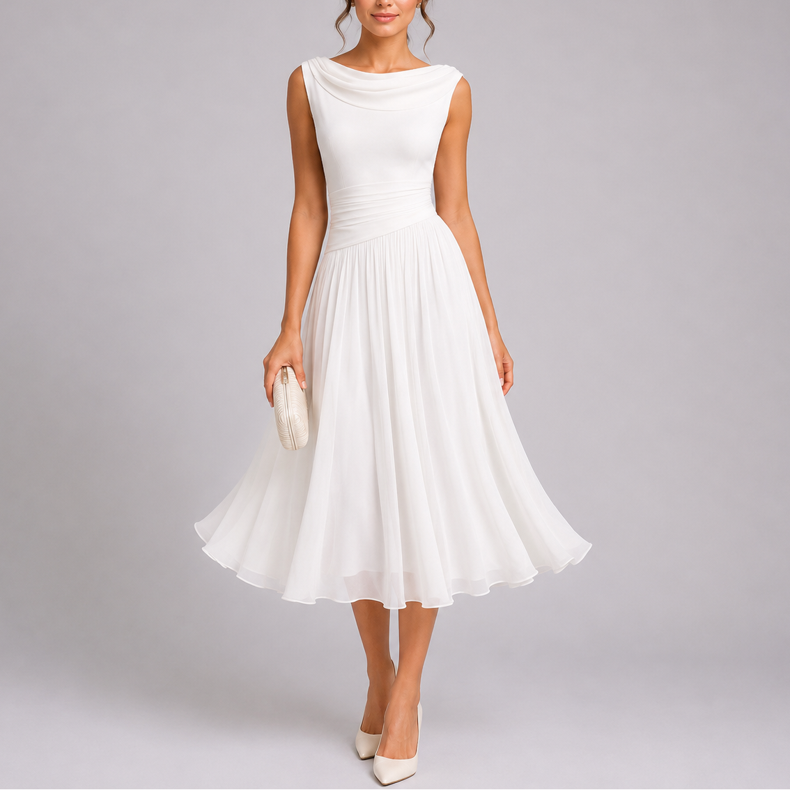 Serafina | Zwarte Midi Jurk Dames Gedrapeerde Halslijn 5