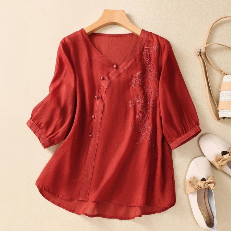 Sue | Dames Tuniek Blouse met Asymmetrische Knoop 0
