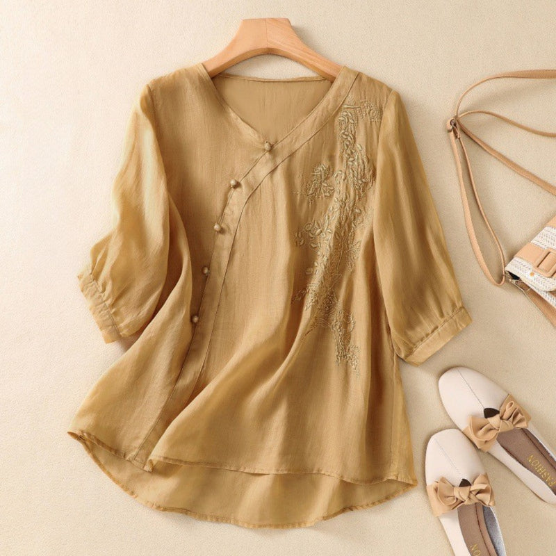 Sue | Dames Tuniek Blouse met Asymmetrische Knoop 2