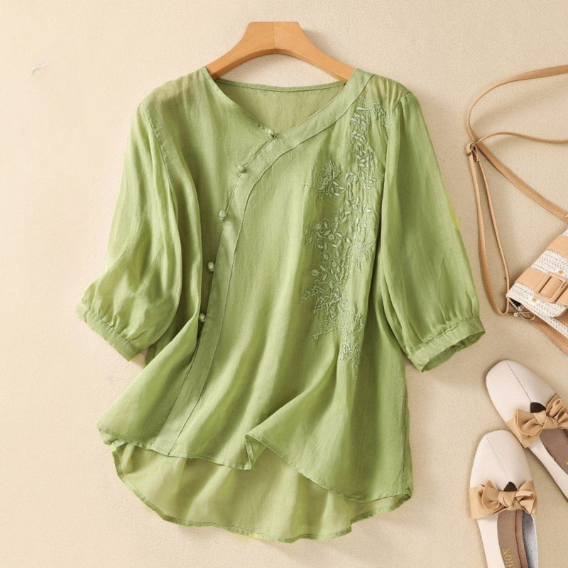 Sue | Dames Tuniek Blouse met Asymmetrische Knoop 3