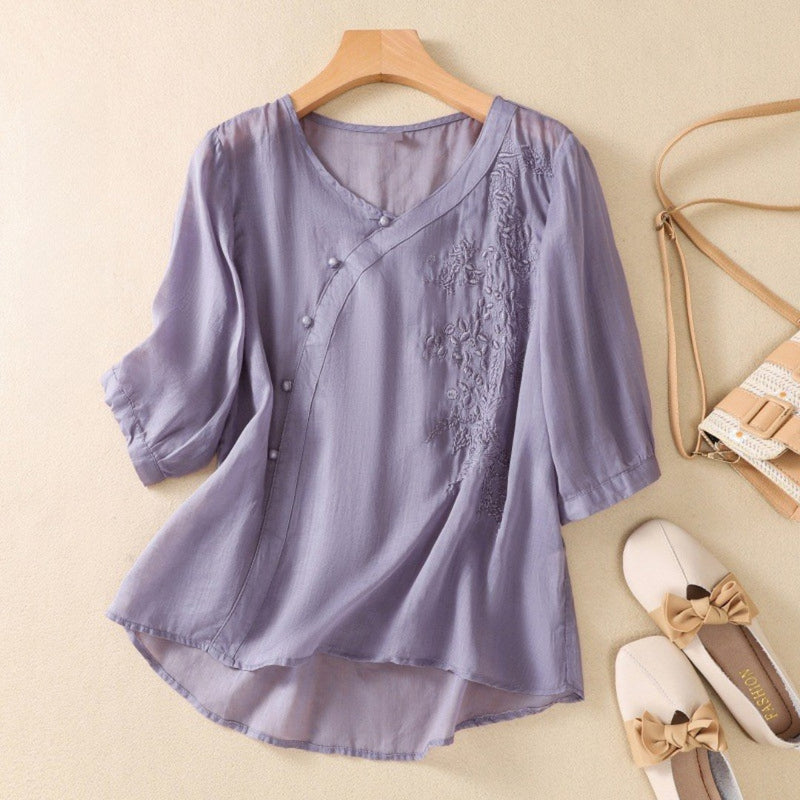 Sue | Dames Tuniek Blouse met Asymmetrische Knoop 4