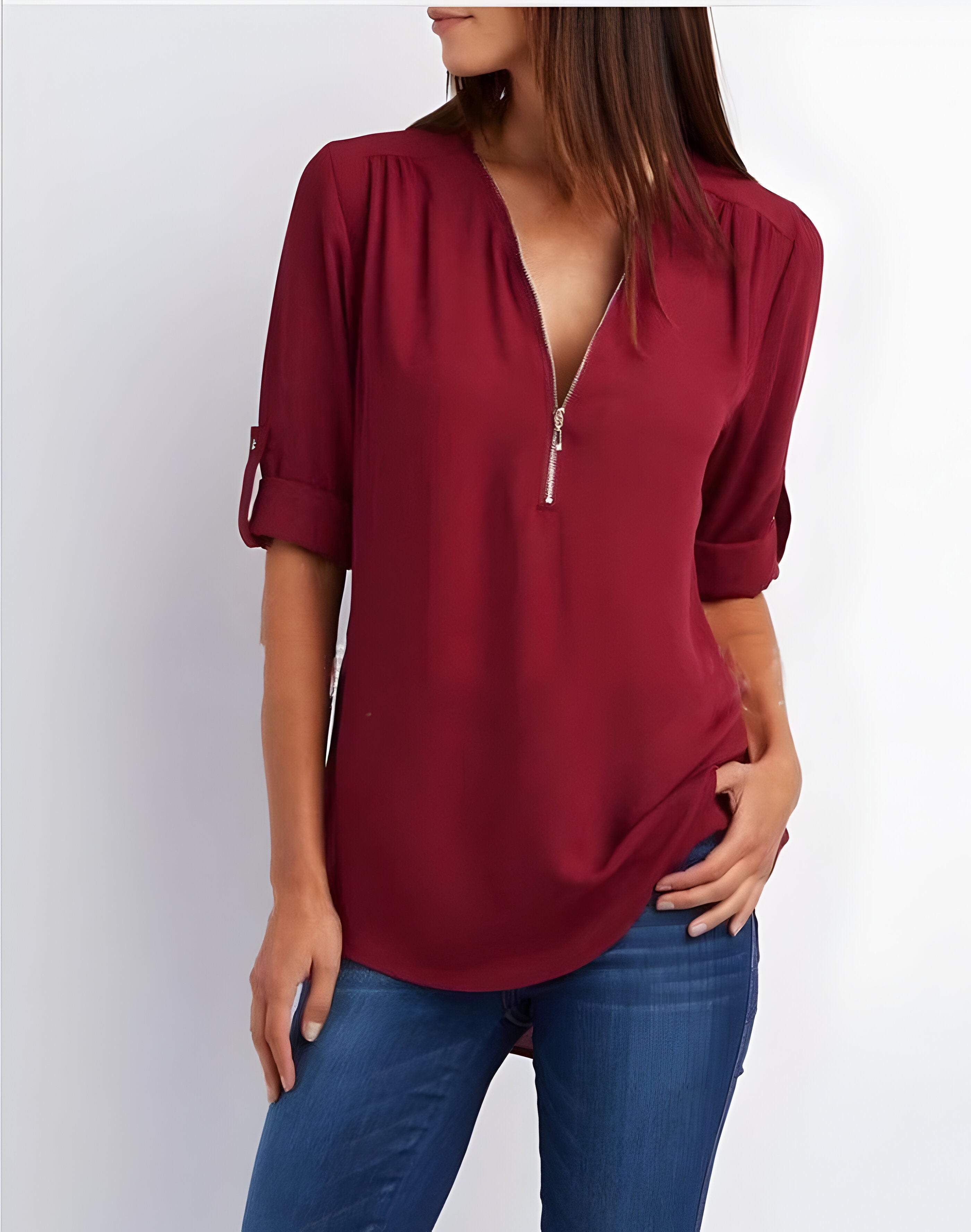 Witte Dames Blouse Korte Mouw | Modern Met Ritssluiting 0