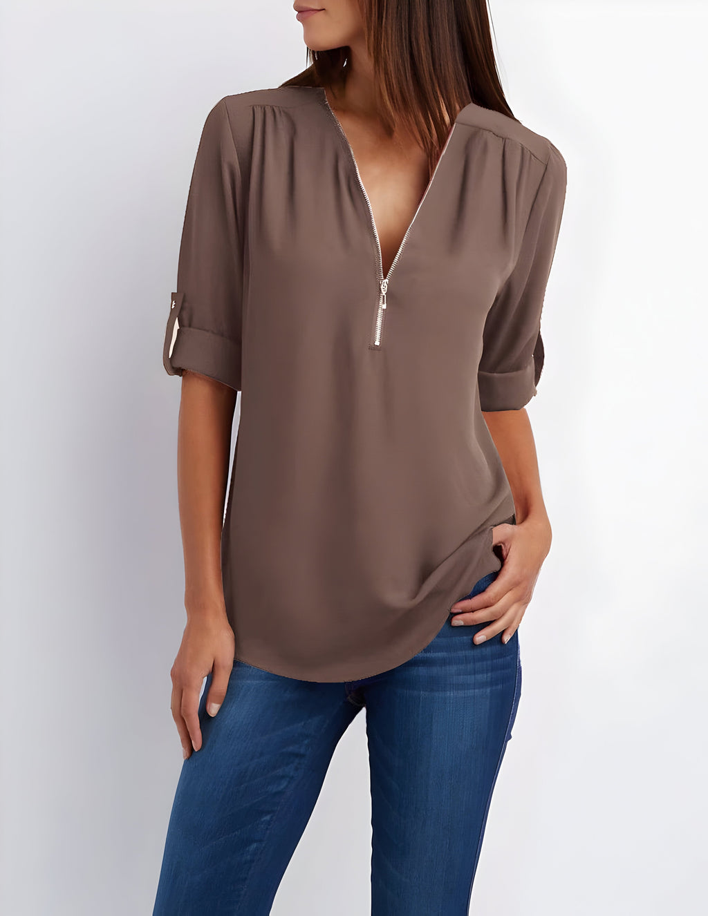 Witte Dames Blouse Korte Mouw | Modern Met Ritssluiting 1