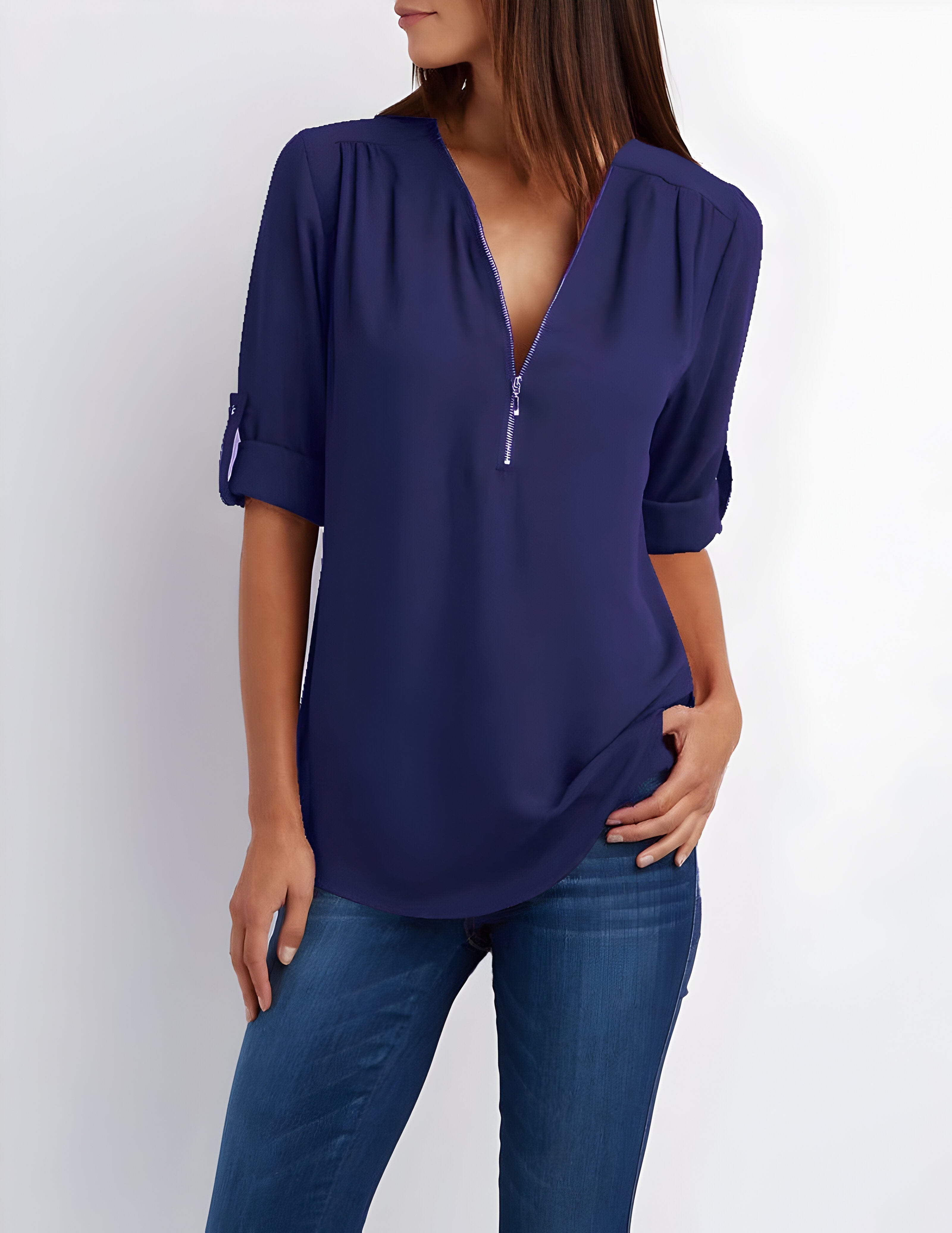 Witte Dames Blouse Korte Mouw | Modern Met Ritssluiting 10